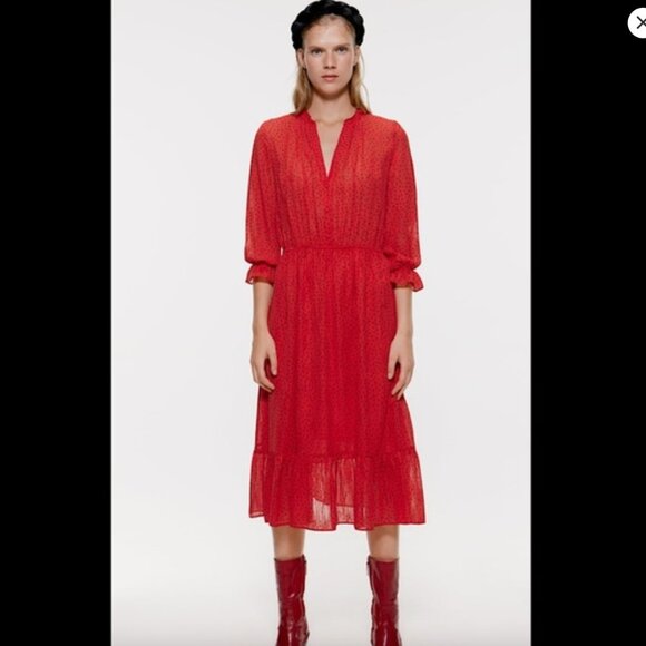 NWT Zara Polka Dot Midi Dress Red and Black Size XS Ruffle Cute Holiday - Picture 1 of 16